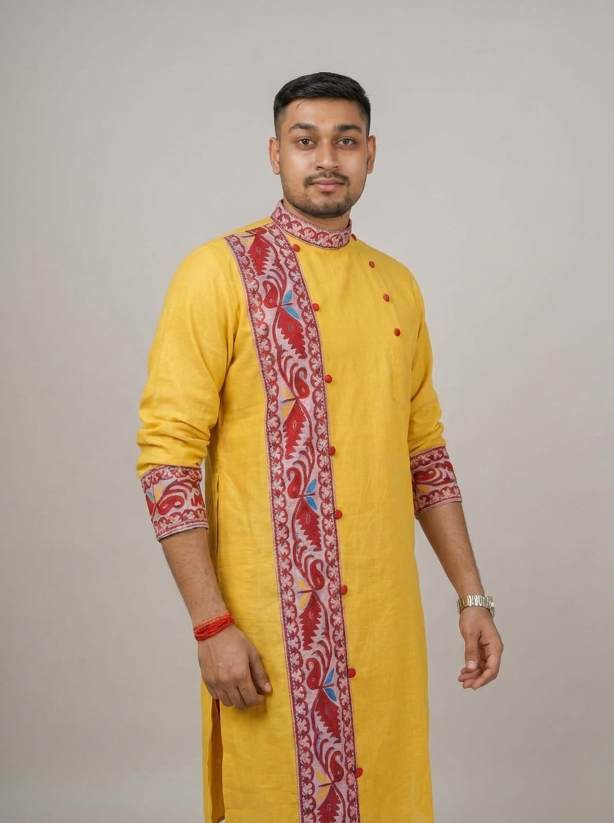 GOURI COLLECTIONS Pure Cotton Full Sleeves Kurta of Jamdani craftsmanship, Perfect for Weddings, Parties, Poojas, Festivals etc. (GC501)